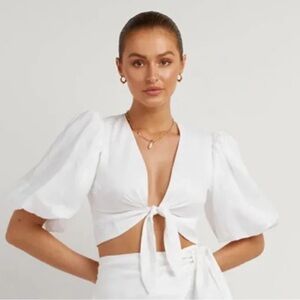 DISSH Halle White Linen Puff Sleeve Tie Front Top